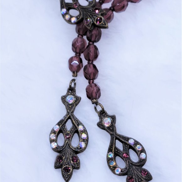 Sweet Romance  purple bead and rhinestone necklace and pierced earrings - Picture 2 of 6